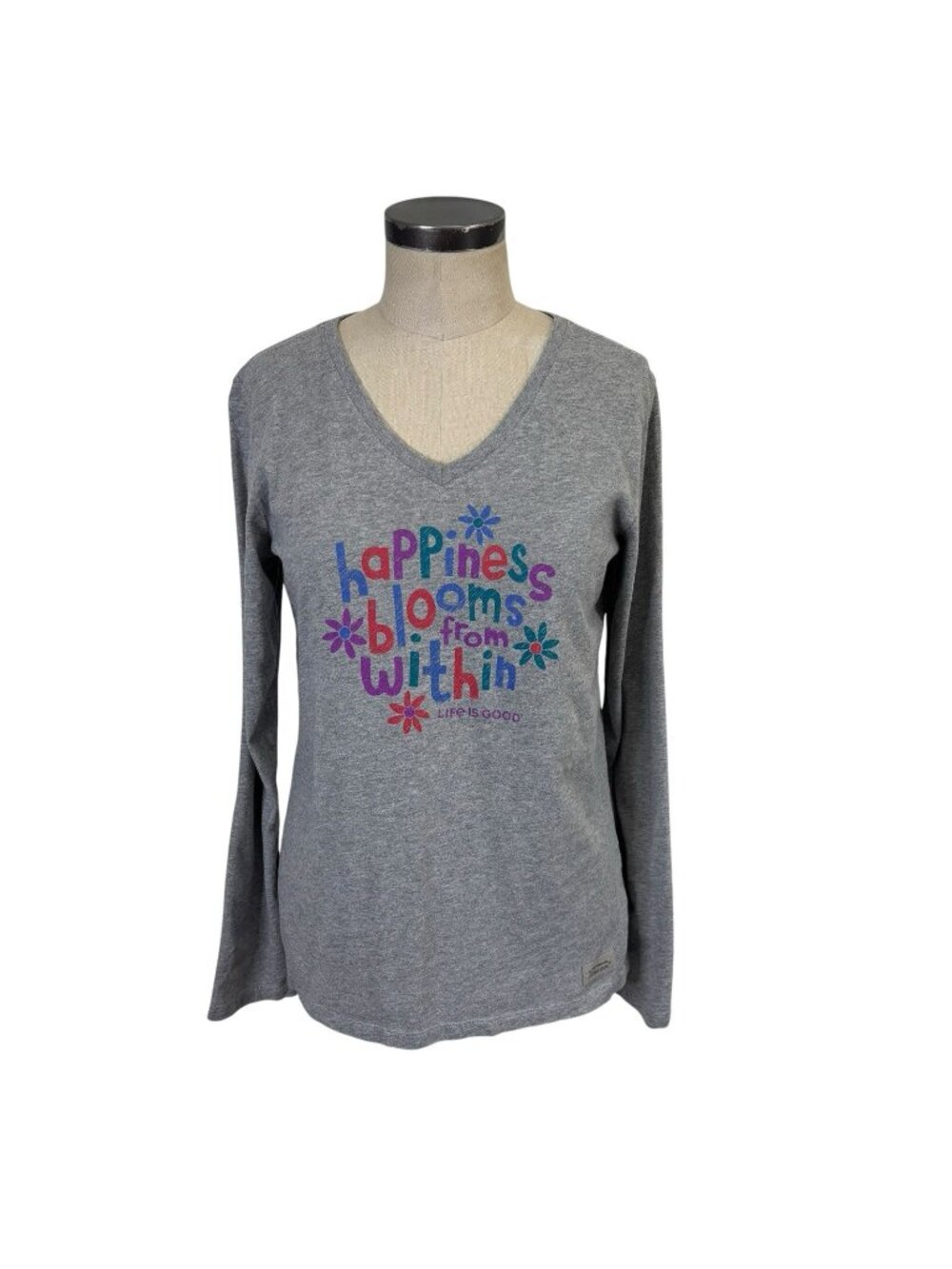 Life Is Good Happiness Blooms From Within Long Sleeve Shirt Medium Gray
